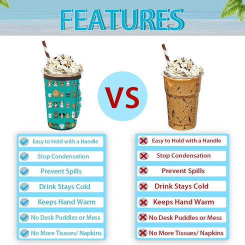 FengQuGou 30-32 oz Animal Dogs Reusable Iced Coffee Cup Sleeve With Handle Neoprene Ice Insulator Coffee Cup Sleeve