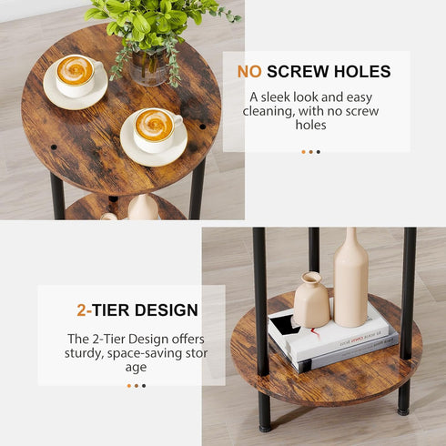 2-Tier Small Round Side Table, Brown Round End Table with Storage, Modern Accent/Bedside Table for Living Room