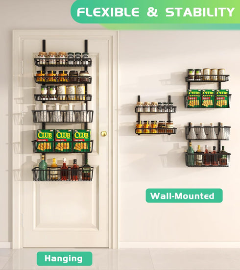 Over The Door Pantry Organizer, 6-Tier Deep Baskets Hanging Metal Rack for Home & Kitchen, Black