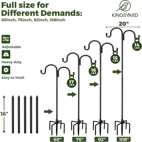 92" 5-Prong Hummingbird Kingsyard Adjustable Double Shepherds Hook for Outdoor - Heavy Duty Bird Feeder Pole w/ Base