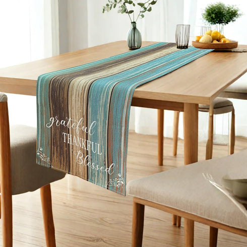 Farmhouse Table Runner, 72 Inches Long, Blue Brown Teal Green, Grateful Thankful