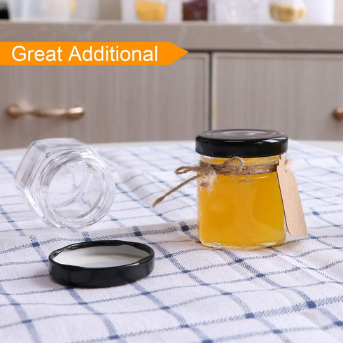 Encheng 1.5 oz Clear Hexagon Jars with Lids (Black), Small Glass Jars for Herbs, Foods, Jams, 30 Pack