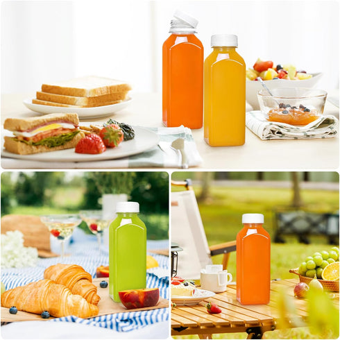 Leaflai 6 12oz Plastic Juice Bottles with Caps pcs - Reusable Juice Containers with Tamper Proof Lids White - Clear