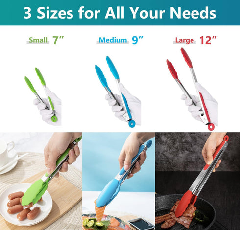 Kitchen Tongs Set of 3 with Silicone Tips, Non-Stick Heat Resistant Tongs for Grilling, Cooking, BBQ, and Salad Serving