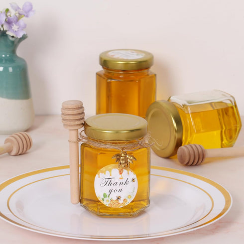 3 oz 20 Pack BIGIVACA Mini Honey Jars - Hexagon Glass Jars with Wood Dippers, Gold Lids, Bee Pendants, Jutes, Stickers