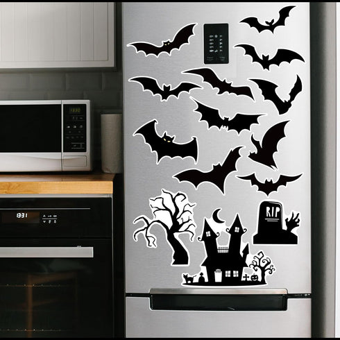 Whaline 16Pcs Halloween Refrigerator Magnets, Black Bat Stickers, Happy Halloween Decorative for Locker, Home, Garage