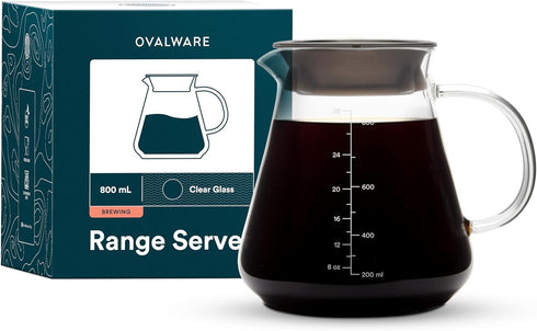 Glass Range Coffee Server for Pour Over Coffee & Tea - 800ml/27oz Ovalware Microwave Safe & Heatproof Glass Body