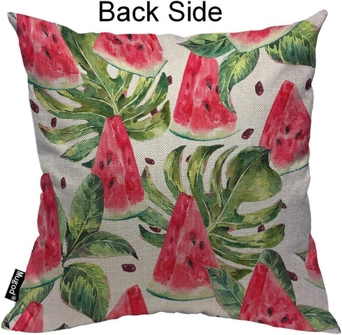 Mugod Slices of Watermelon Throw Pillow, Exotic Tropical Fruit Leaves Seed Red Green Cotton Linen Square Cushion Cover
