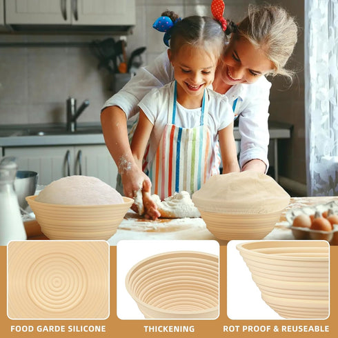 Silicone Banneton Basket, Proofing Basket for Bread Baking, 2 Round Silicone Bannetons & 1 Cloth Cover Set