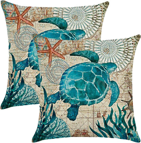 ULOVE LOVE YOURSELF Sea Turtle Throw Pillow Case 2 Pack for 18 X 18 Inch Inserts, Mediterranean Style