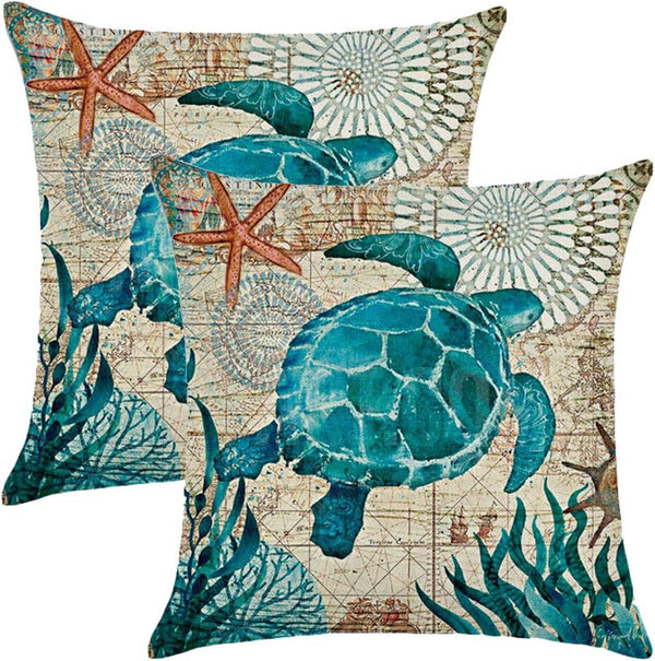 ULOVE LOVE YOURSELF Sea Turtle Throw Pillow Case 2 Pack for 18 X 18 Inch Inserts, Mediterranean Style