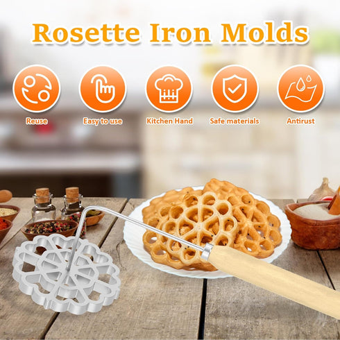 Bunuelos Mold, Aluminum Cookie Maker with Wooden Handle, Detachable Rosette Iron Molds Set for Kitchen Baking