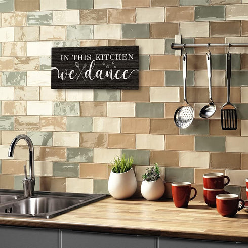 FWIEXA In This Kitchen We Dance Rustic Wood Sign, Funny Wall Art Sign Plaque, Farmhouse Wooden Hanging Wall Decor for