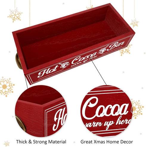 TURSTIN Christmas Hot Cocoa Bar Wood Storage Box Rustic Farmhouse Hot Cocoa Bar Accessories With Handle Decorative