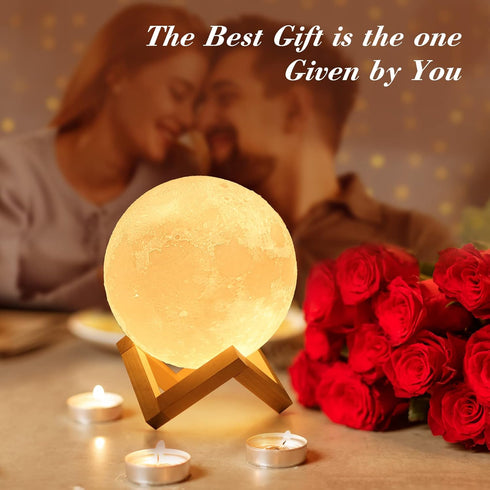 Mydethun 3D Moon Lamp, 5.9" Night Light with Wooden Base, Touch-Dimmable & Rechargeable, Gift for Mom, Home Décor