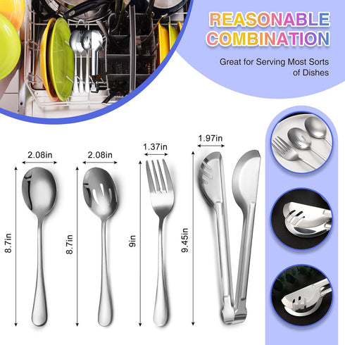 Patelai 8 Pieces Stainless Steel Serving Utensils Set 8.7" Large Serving Spoons Slotted Spoon 9.45" Tong 9" Serving Forks Buffet Flatware for Kitchen Catering Banquet Wedding Party (Silver) by Patelai