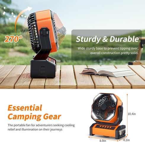 Camping LED Fan with Light, 20000mAh Rechargeable Battery, 4 Speed, Personal USB Desk Fan for Outdoor Use