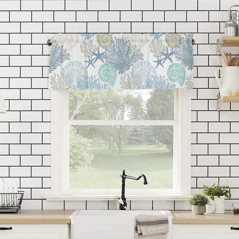 Blue Farmhouse Short Window Curtain Valances, Summer Beach Coral Starfish Valances, Nautical Coastal Rod Pocket