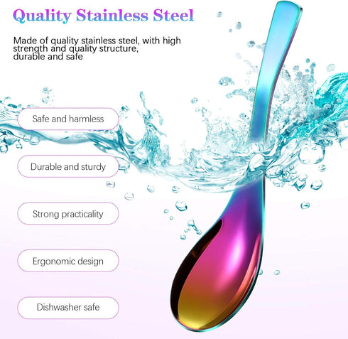 6 Pieces Rainbow Stainless Steel Soup Spoons, Colorful Mirror Finish for Kitchen Serving