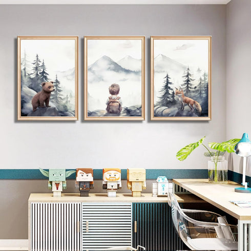 Generic 3Pcs (12x16 Boy Adventure Nursery Wall Art Woodland Animals Bear & Fox Wall Decor Picture Watercolor Mountain