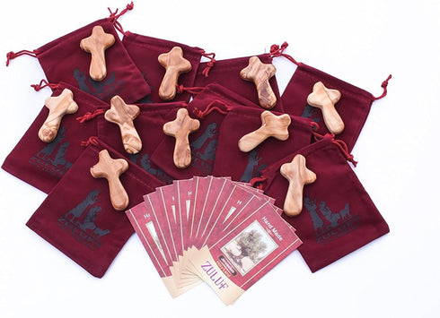 Zuluf Set of 10 Small Comfort Crosses - 2.5" (6cm) Wooden Pocket Prayer Stress Crosses for Hospital Gifts