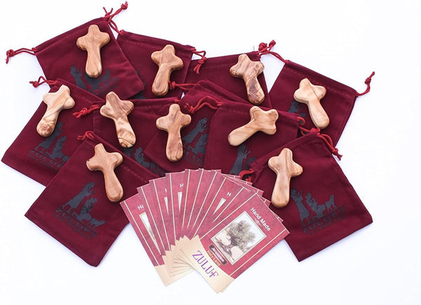 Zuluf Set of 10 Small Comfort Crosses - 2.5" (6cm) Wooden Pocket Prayer Stress Crosses for Hospital Gifts