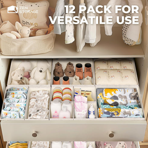12Pack Closet Cotton Linen Drawer Organizer for Baby Clothes, Multi-Size Nursery Dresser Dividers for Clothes, Premium