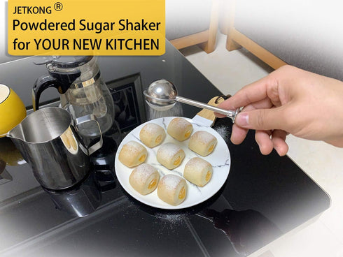 18/8 JETKONG Powdered Sugar Shaker Duster Flour Dispenser Shaker with Stainless Steel Spring-operated Handle for Sugar