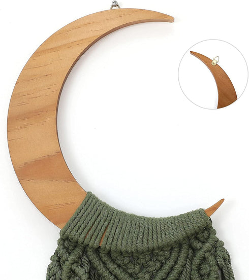 ANROYE Macrame Wall Hanging Boho Moon Decor, Bohemian Crescent Wooden Ornament with Long Tassel, Handmade Unique Wood