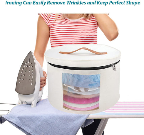 Hat Box for Women, Large Round Felt Hat Carrier Case Organizer for Wide-Brim Cowboy Hats, Foldable with Lids - White