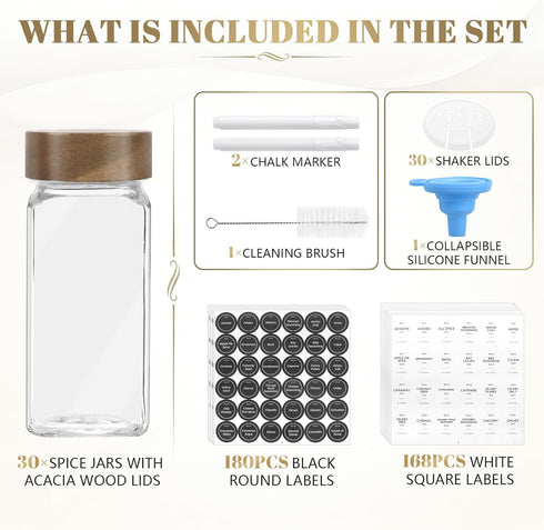 30Pcs 4 oz ZEHIQ Glass Spice Jars with Acacia Wood Lids, Square Seasoning Containers with Labels, Seasoning Jars