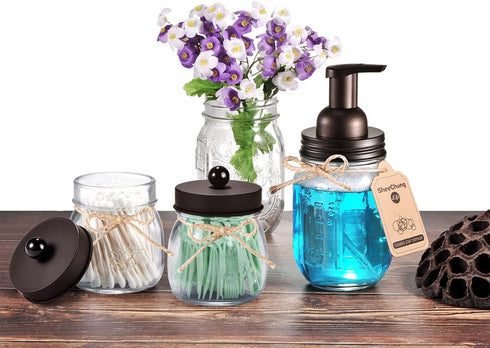 SheeChung 4 Pack Apothecary Jars with Lids, Bathroom Organizers for Q-tips, Cottons, Floss, Small Mason Jars
