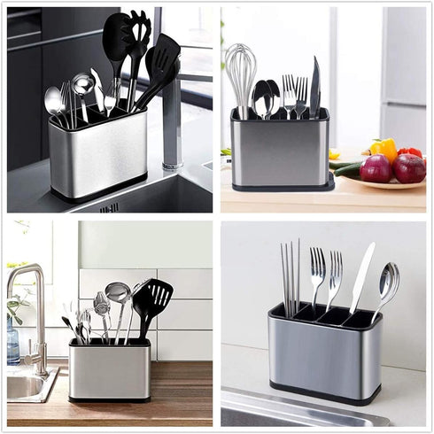 KESOL Kitchen Utensil Holder, Stainless Steel Drying Rack, Flatware Holder with 4 Divided Compartments, Rust Proof