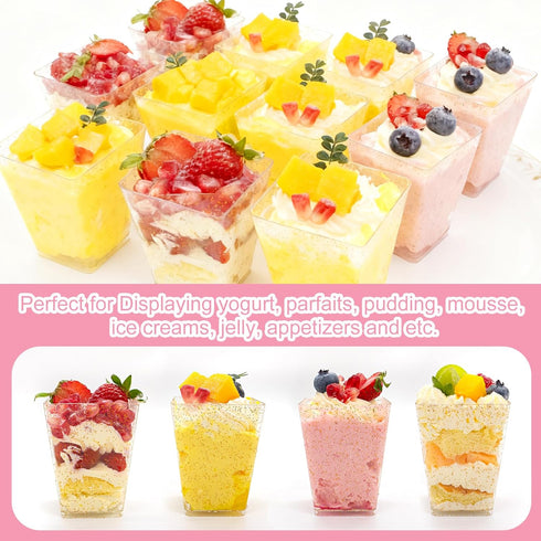 180 Pack 5Oz Gold Glitter Dessert Cups with Lids and Spoons Plastic Square Yogurt Parfait Appetier Cups for Party