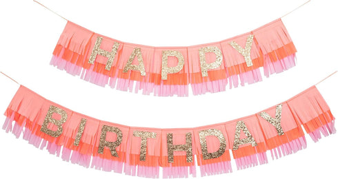 Meri Meri Rainbow Fringe Happy Birthday Banner, 8' Party Garland with Excess Cord
