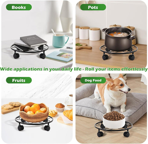DEELF OUTLET 3 Packs 13 inches Large Metal Plant Caddy with Wheels Round Planter Dolly Pot Mover Rollers Wrought Iron