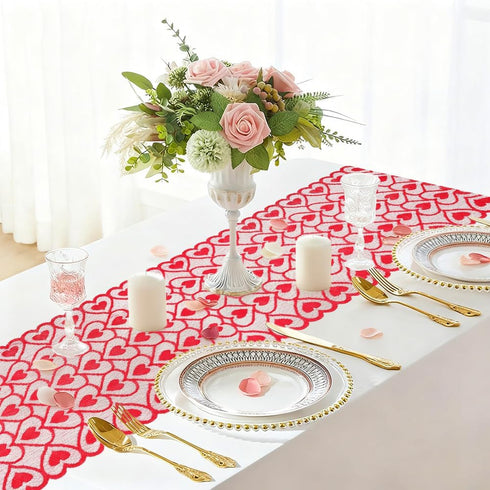 UnslQonds 71 Inch Valentine Table Runner, Long Red Lace Heart Table Runner Backdrop Valentines Decorations Indoor Desk