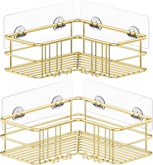 Menbyci 2 Pack 8 Corner Shower Caddy, Adhesive Bathroom Shelf with Hooks, Rustproof Stainless Steel Bathroom Organizer