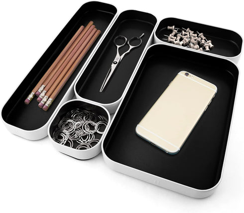 Three by Three Seattle 5 Piece Metal Organizer Tray Set - Black for Storing Makeup, Stationery, Utensils in Office