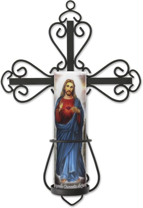Stonebriar Decorative Scrolled Metal Cross Wall Sconce with Jesus LED Candle, Religious