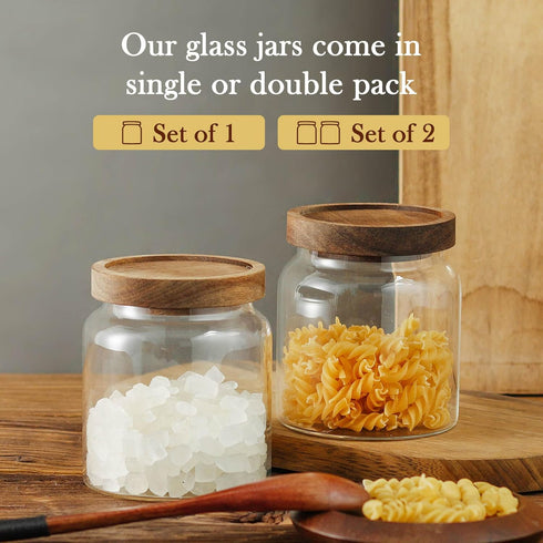Labina Airtight Glass Storage Container with Wood Lids, 20 Oz Kitchen Canister for Pantry Organization, 2 Pack
