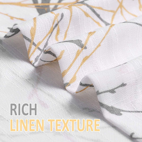 FMFUNCTEX Linen Semi Sheer Curtains - Yellow White 45 Inches Long for Bedroom, Grey Tree Branch Print
