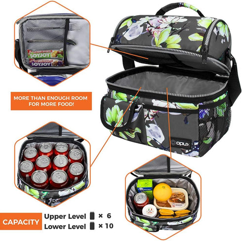 opux Insulated Lunch Bag for Women, Adult Cooler, Flower Lunch Box, Dual Compartment, Floral Gray