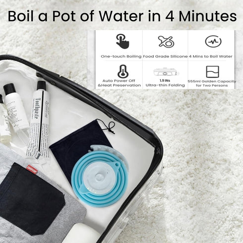 Travel Electric Kettle, Small Portable Collapsible Kettle, Food Grade Silicone, Auto Shut Off, 110V 555ml (Blue)