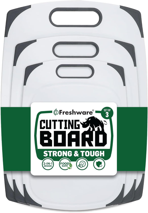 Plastic Cutting Boards for Kitchen, Cutting Board Set of 3, Juice Grooves with Easy Grip Handle, BPA-Free