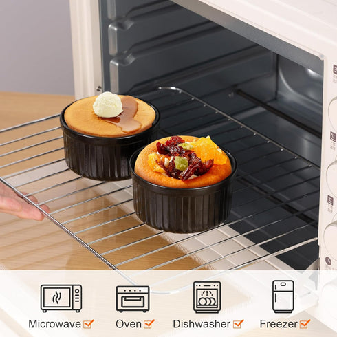 Yachi Ramekins Black, 4 oz 6 Pieces Ceramic Baking Ramekin Set for Sauces, Dipping, Onion Soup, Lava Cake