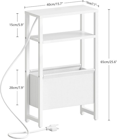 3 LET503WE Narrow Side Table with Charging Station Slim End Table Sofa with Magazine Rack, Bedside Table for Small