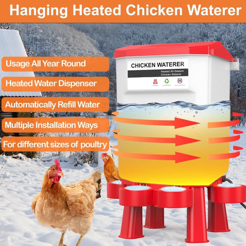 2 Summer Hanging Heated Chicken Waterer, Gallon Plastic Chicken Water Heater Heated Poultry Drinker, Detachable Legs