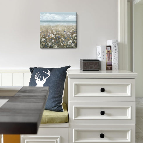 Canvas Wall Art Beach Floral Picture, Coastal Boho Farmhouse Nautical Sea Ocean Wildflowers Vintage Artwork