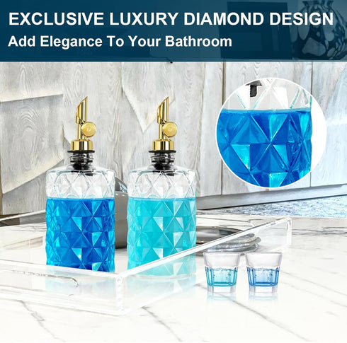 2 Pack 12 Oz Mouthwash Dispenser for Bathroom, Luxury Diamond Glass Mouth Wash Container, Glass Mouthwash Dispenser